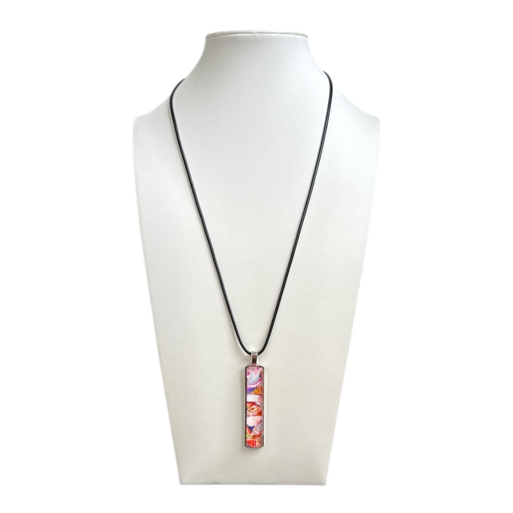 Hand Crafted Fluid Art Bar Necklace Pink Orange White Pendant by Svetlana Yeung